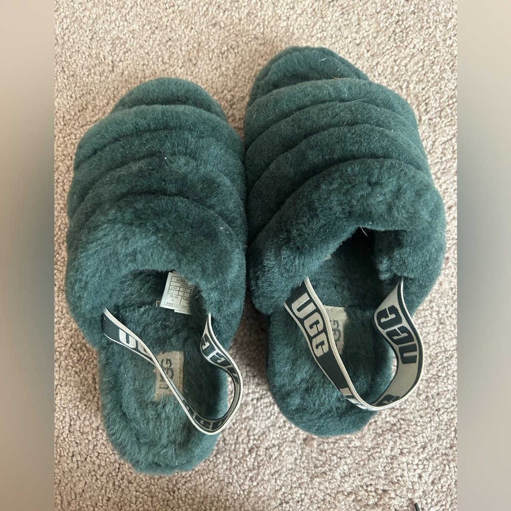 UGG Dark Green Fluff Yeah Slide Slippers with Branded Heel Strap